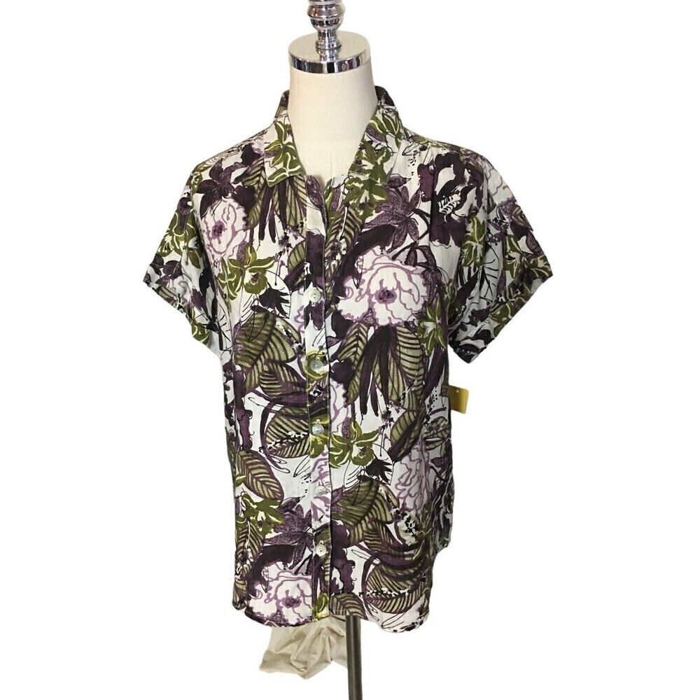 Hot Cotton Size Small Linen Shirt Button Up Short Sleeve Floral Leaf Print NEW